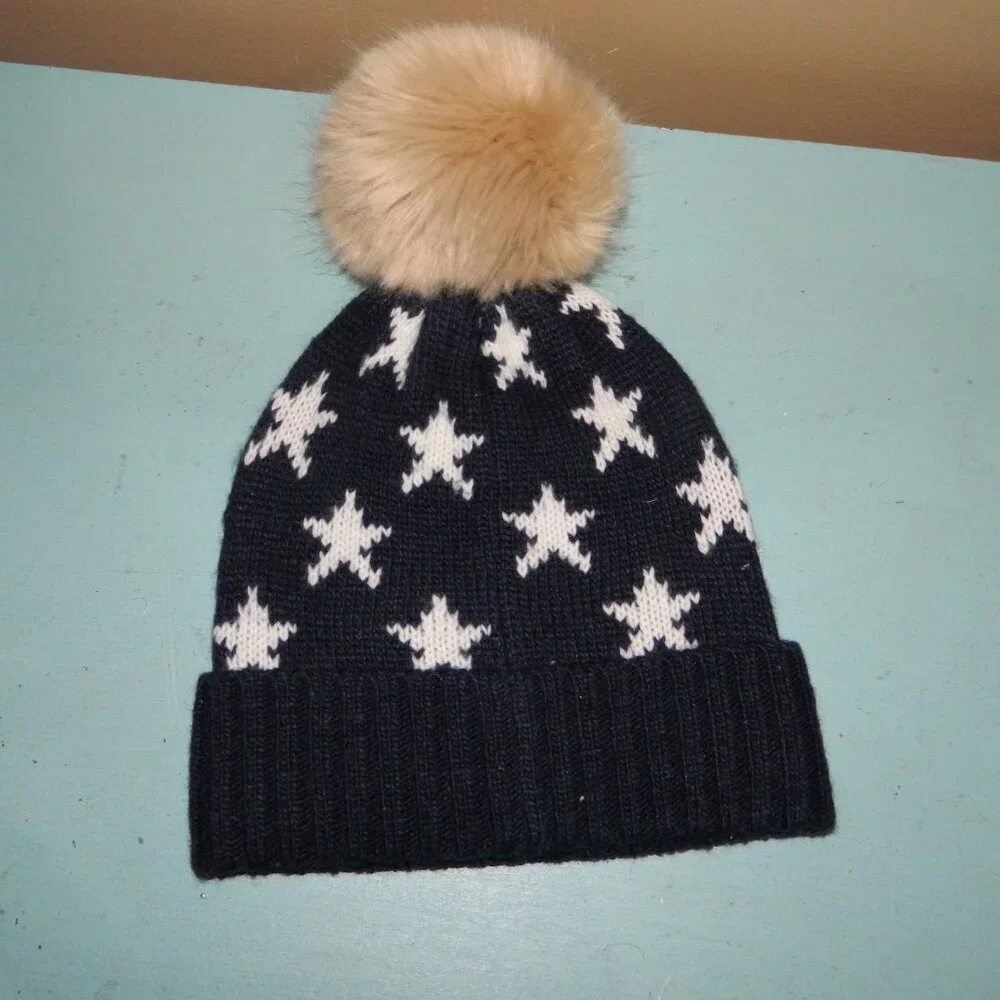 Mark & Graham Kids Faux Fur Navy Stars Pom Pom Hat 
